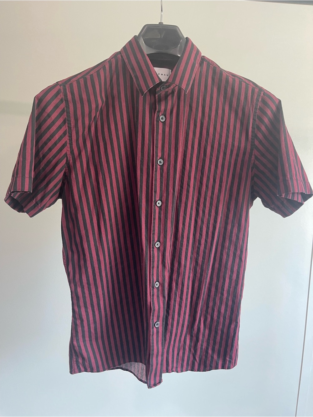 Topman Men’s Medium Burgundy Black Striped Short Sleeve Button Up Shirt